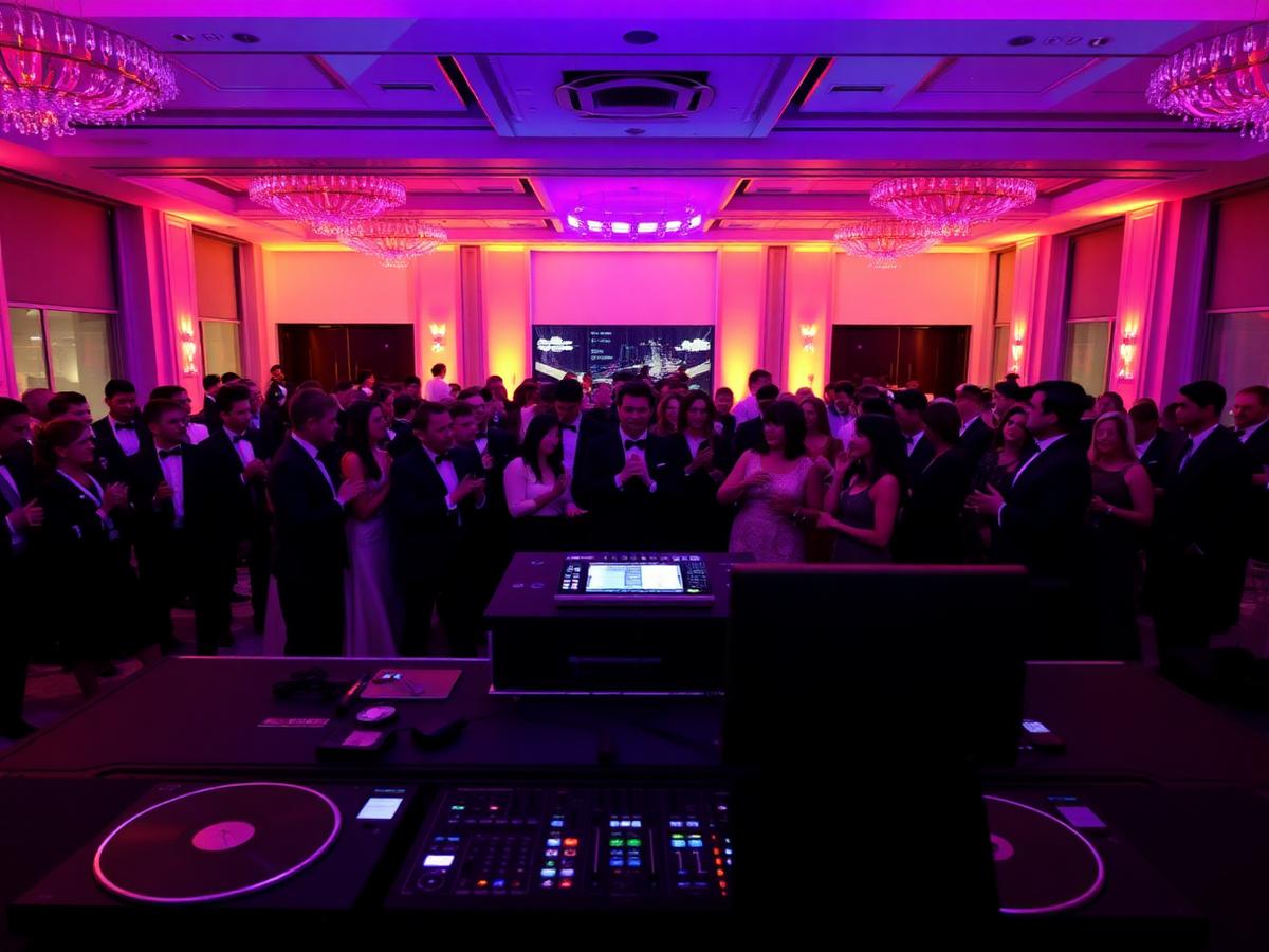 Corporate gala with DJ booth and elegant crowd