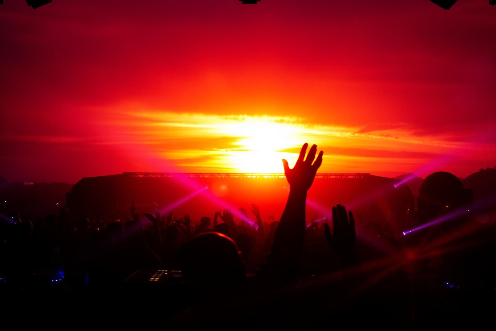 Crowd hands up at sunset