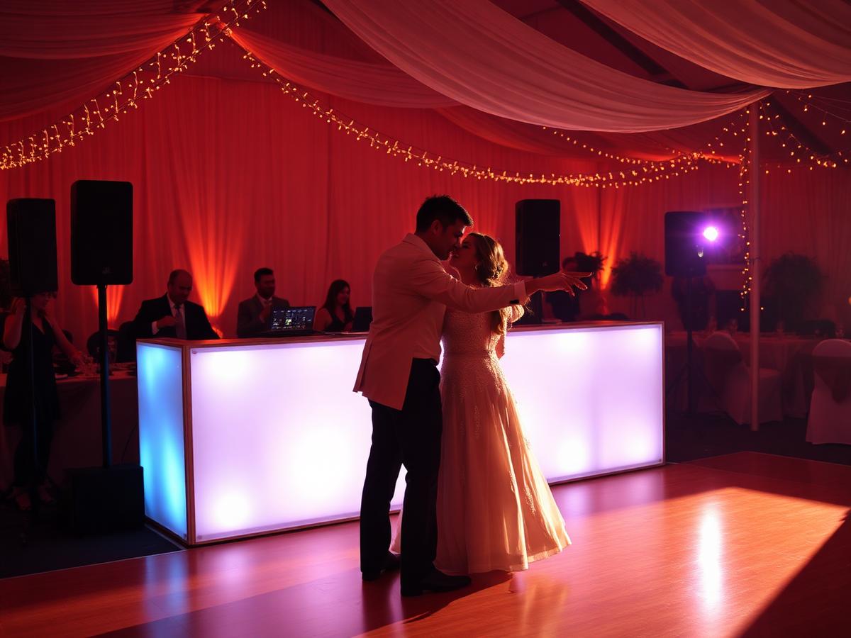 Couple's first dance with warm DJ booth lighting
